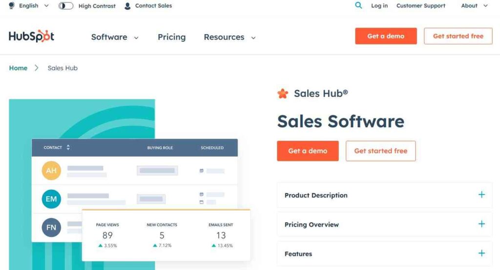 HubSpot Sales Hub Home page-The Best AI Sales Software
